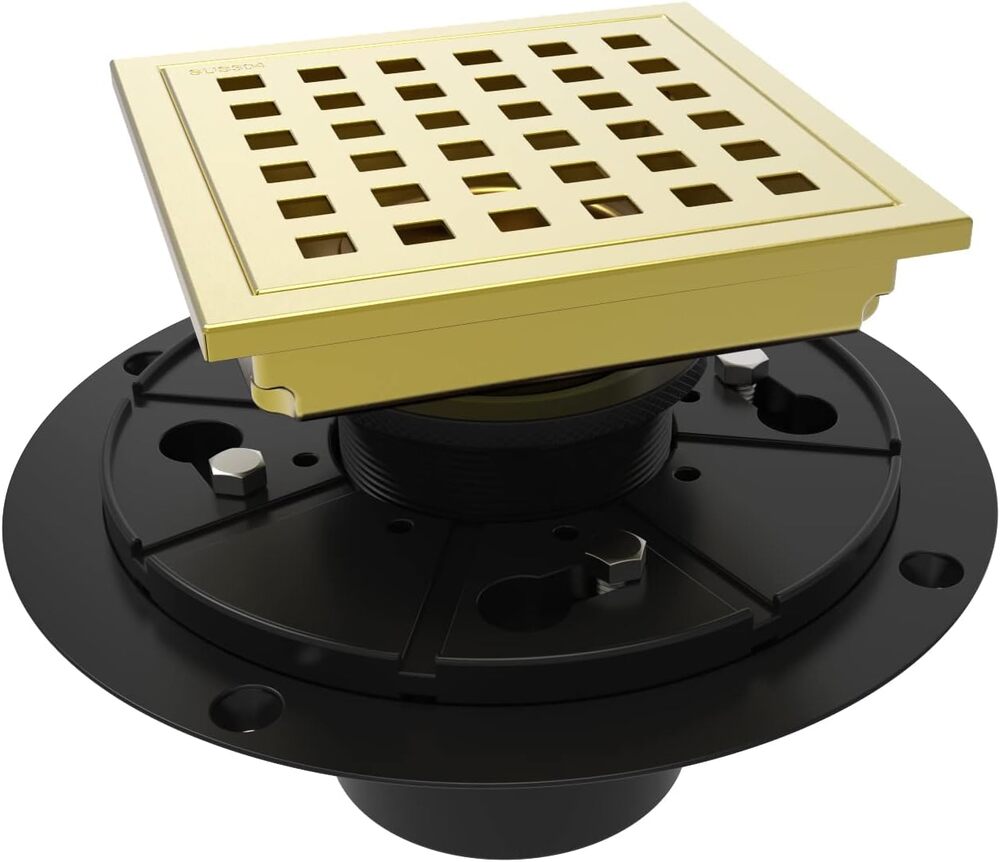 WEBANG 4 Inch Square Shower Floor Drain with Flange, Brushed Gold Brass